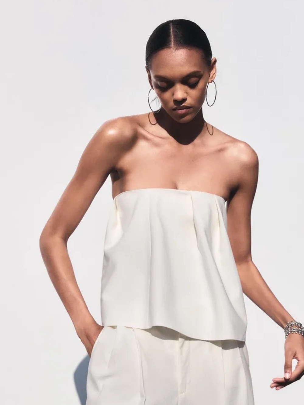 Zara Pleated Strapless Ecru Top